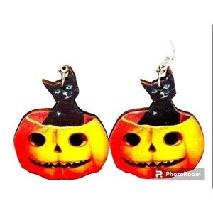 Halloween Wooden Earrings Black Cat in Pumpkin Jack O'Lantern - Orange/Black, 2"